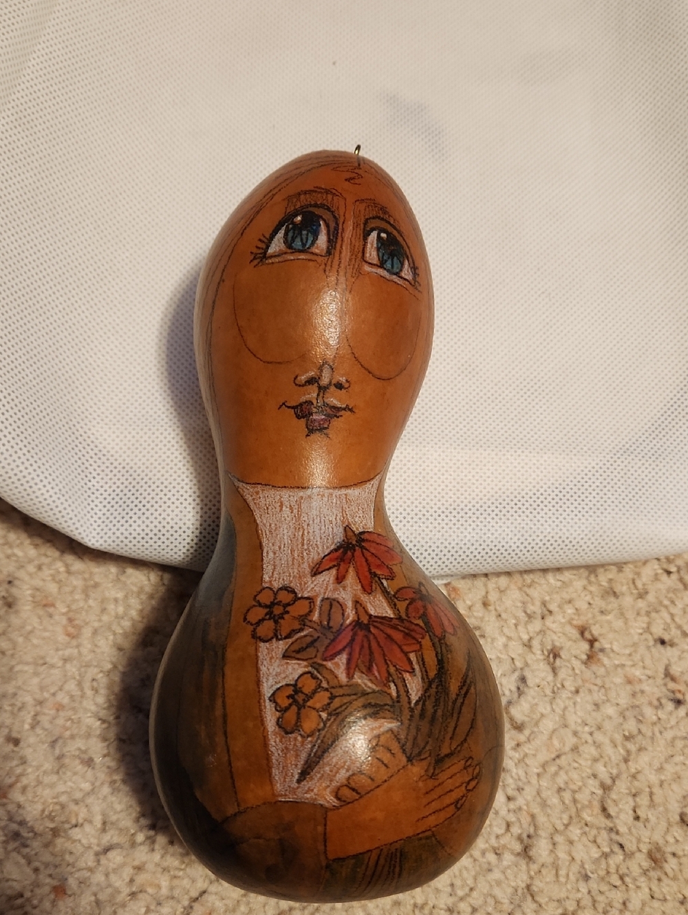 Karenlee Spencer Folk Art Gourd Ornament Woman Witg Flower Design
